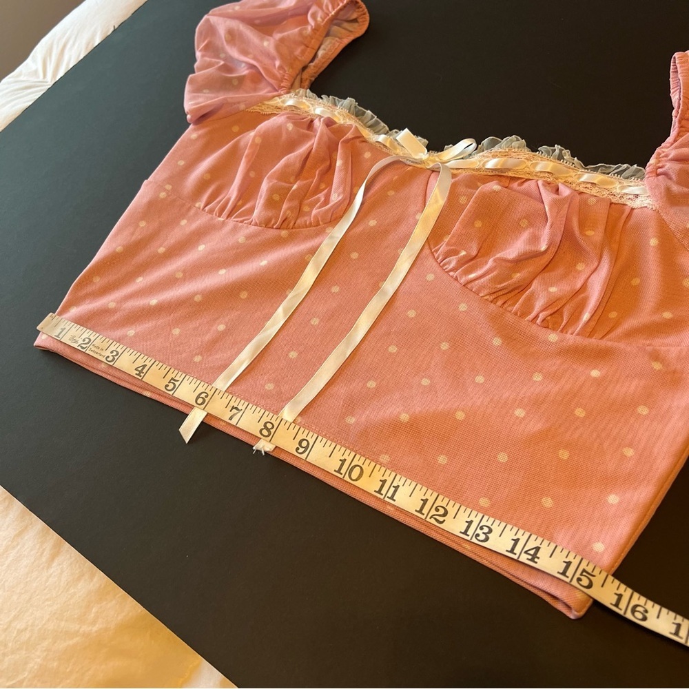 Sugar Thrillz lined mesh crop top, pink with white polka dots, puff short sleeve - Picture 10 of 13